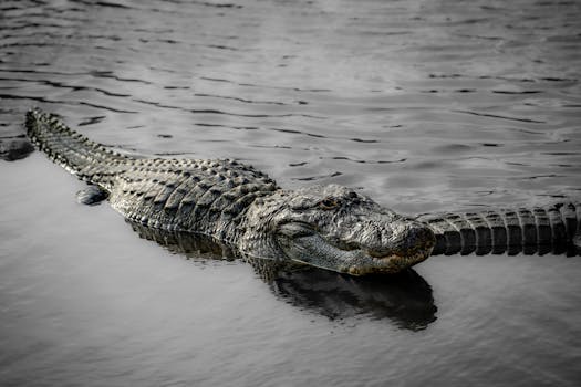 Wildlife photo of an American alligator swimming in a body of water, Orlando, Florida.