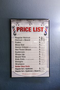Barbershop price list featuring various haircut services on a vertical display.