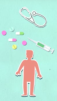 Decorative cardboard appliques of sick human figure under pills and capsules near syringe and stethoscope on green background